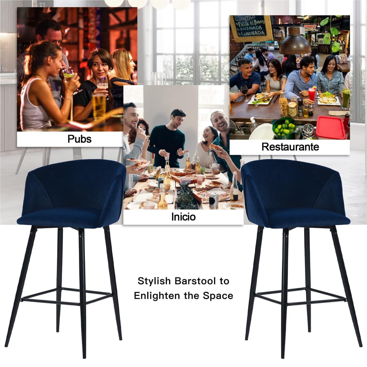 Conjunto de 2 sillas de Bar de Cocina para Interiores con Brazos Azul