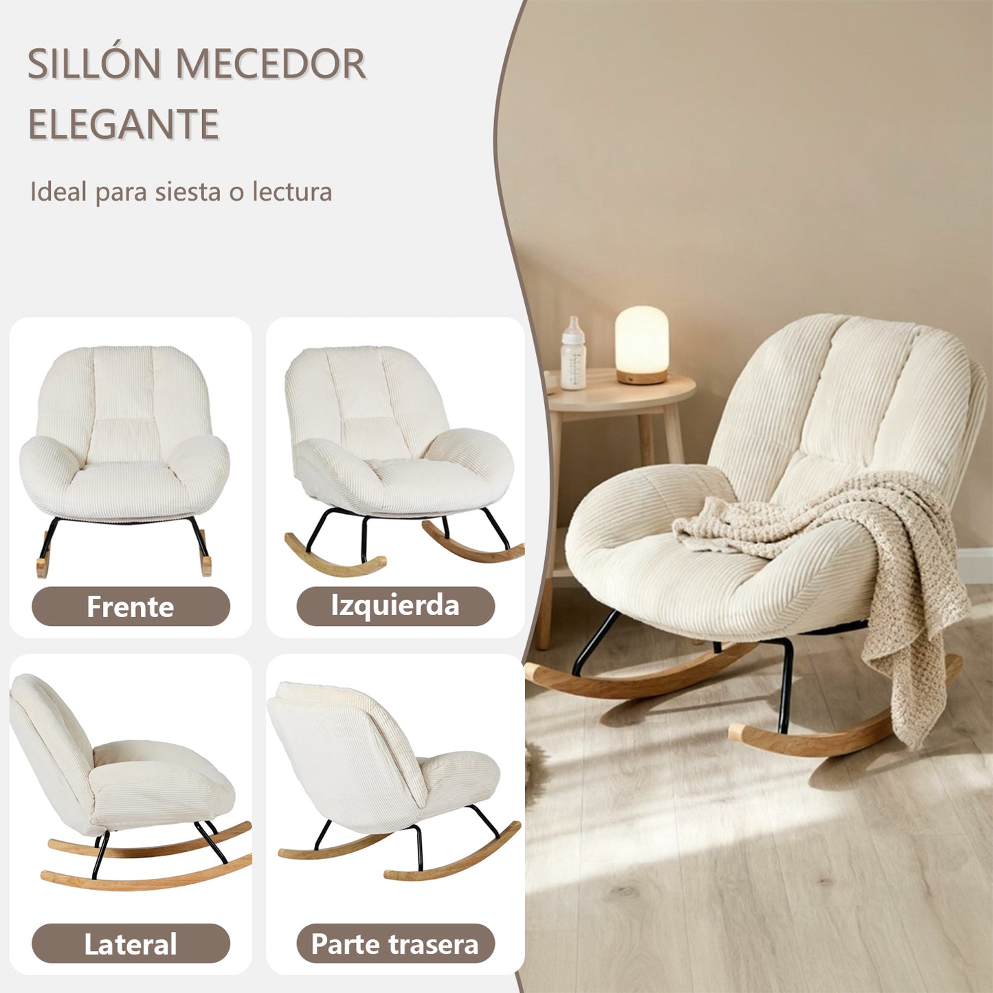 Silla Mecedora Tapizada de Pana Beige con Base de Madera y Metal