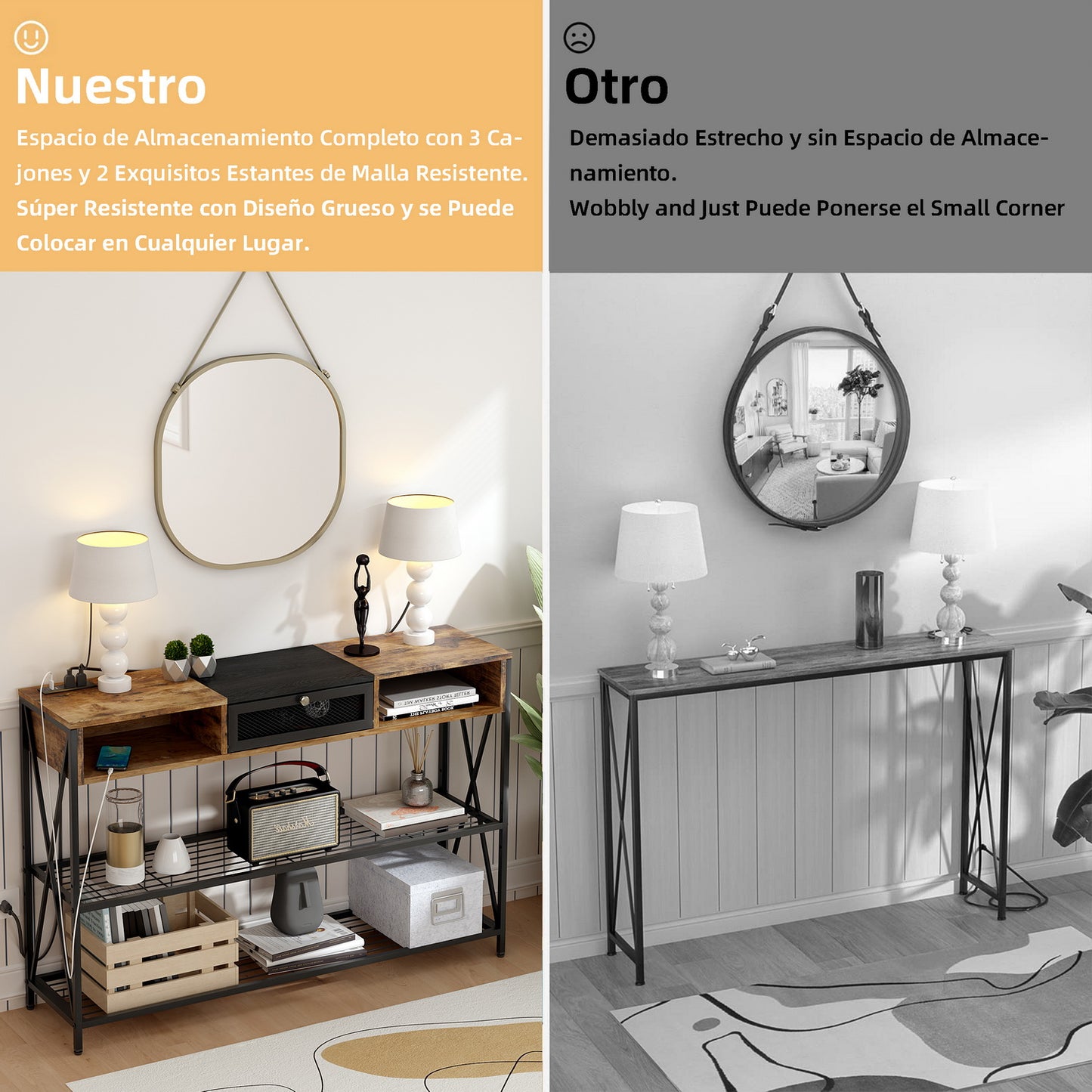 Mesa Consola con Tomacorrientes y Puertos USB Vintage y Negro