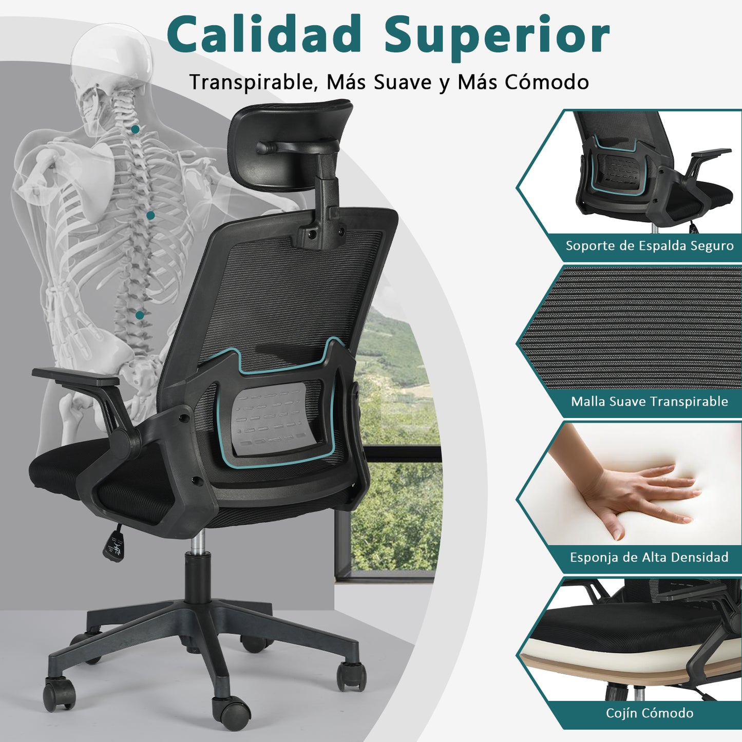 Silla de Escritorio para Computadora de Oficina con Reposacabezas Negro