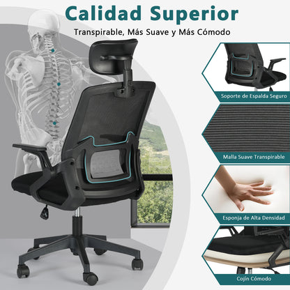 Silla de Escritorio para Computadora de Oficina con Reposacabezas Negro