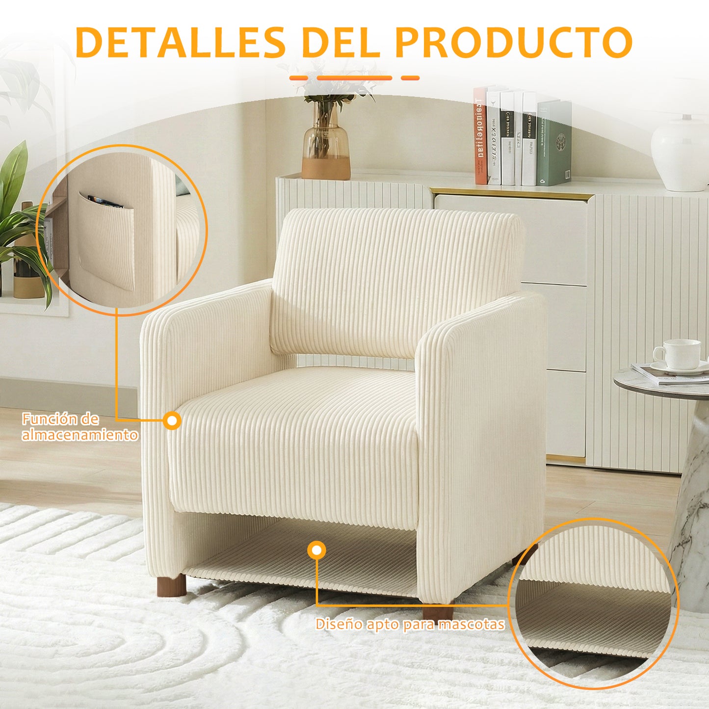 Sillón Individual Moderno de Pana Beige con Espacio para Mascotas