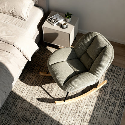 Silla Mecedora Tapizada de Pana Gris con Base de Madera y Metal