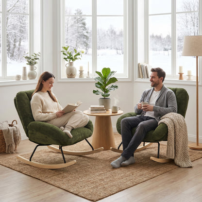 Silla Mecedora Tapizada con Tela Suave y Cómoda Verde con Base de Madera y Metal