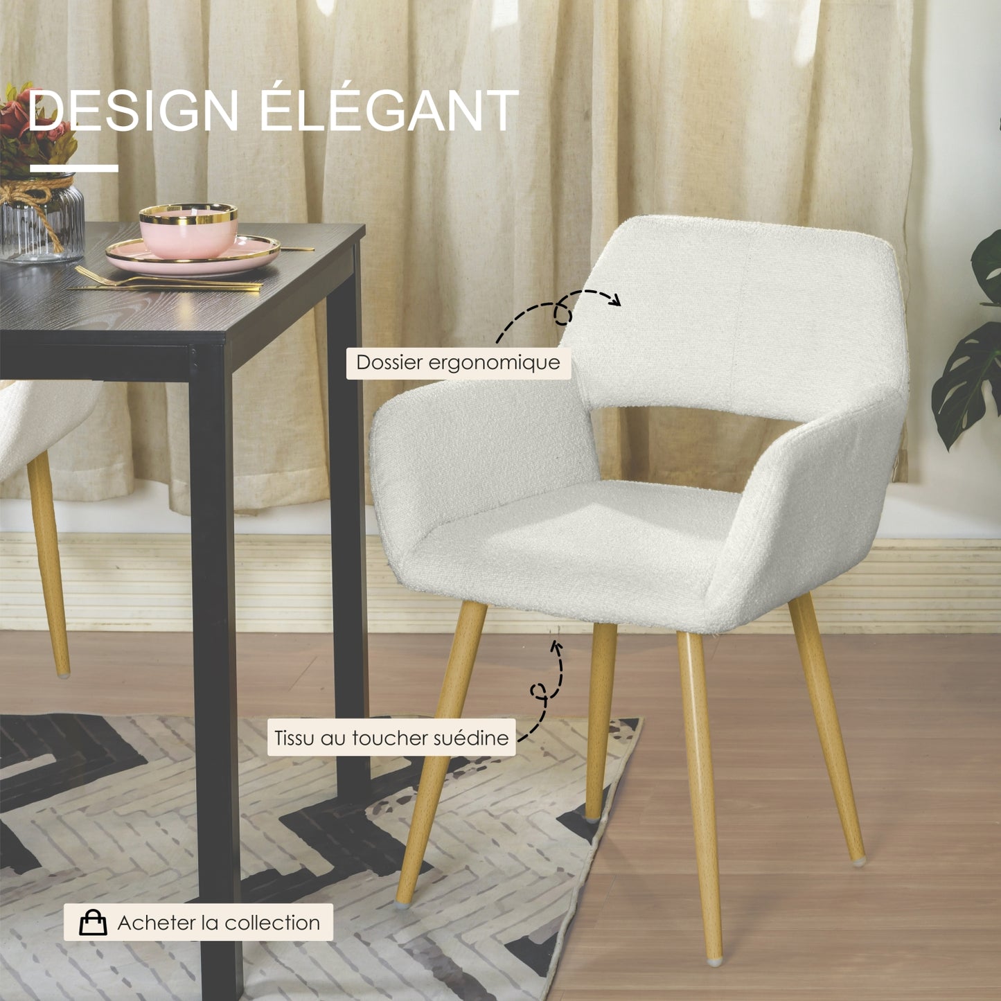 Conjunto de 2 Sillas de Comedor Modernas de Tela Boucle Beige