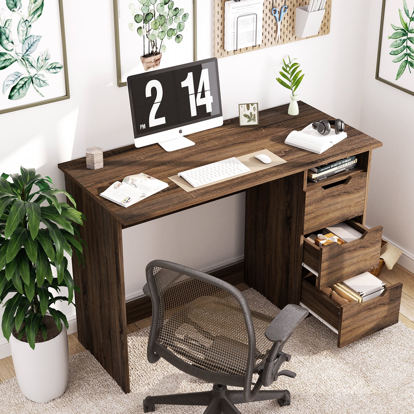 Escritorio de Madera de Computadora Multiuso con 3 Cajones Nogal