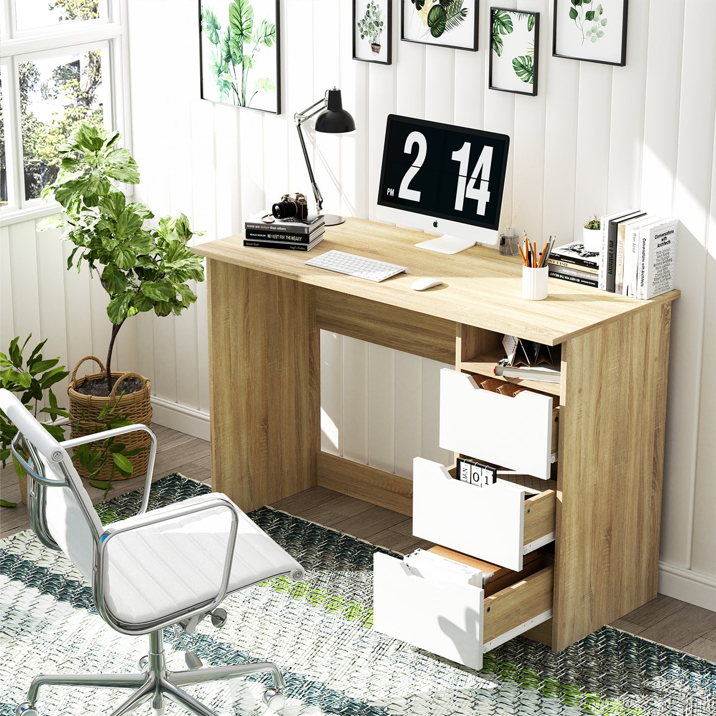 Escritorio de Madera de Computadora Multiuso con 3 Cajones Haya