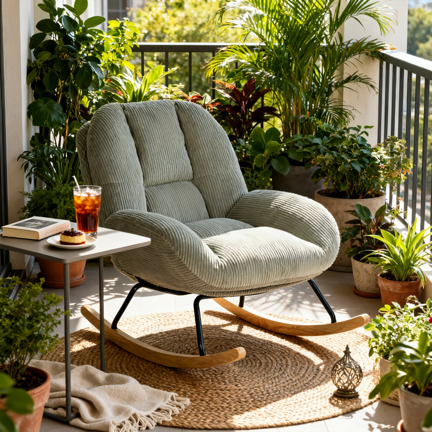 Silla Mecedora Tapizada de Pana Gris con Base de Madera y Metal