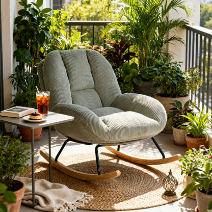 Silla Mecedora Tapizada de Pana Gris con Base de Madera y Metal