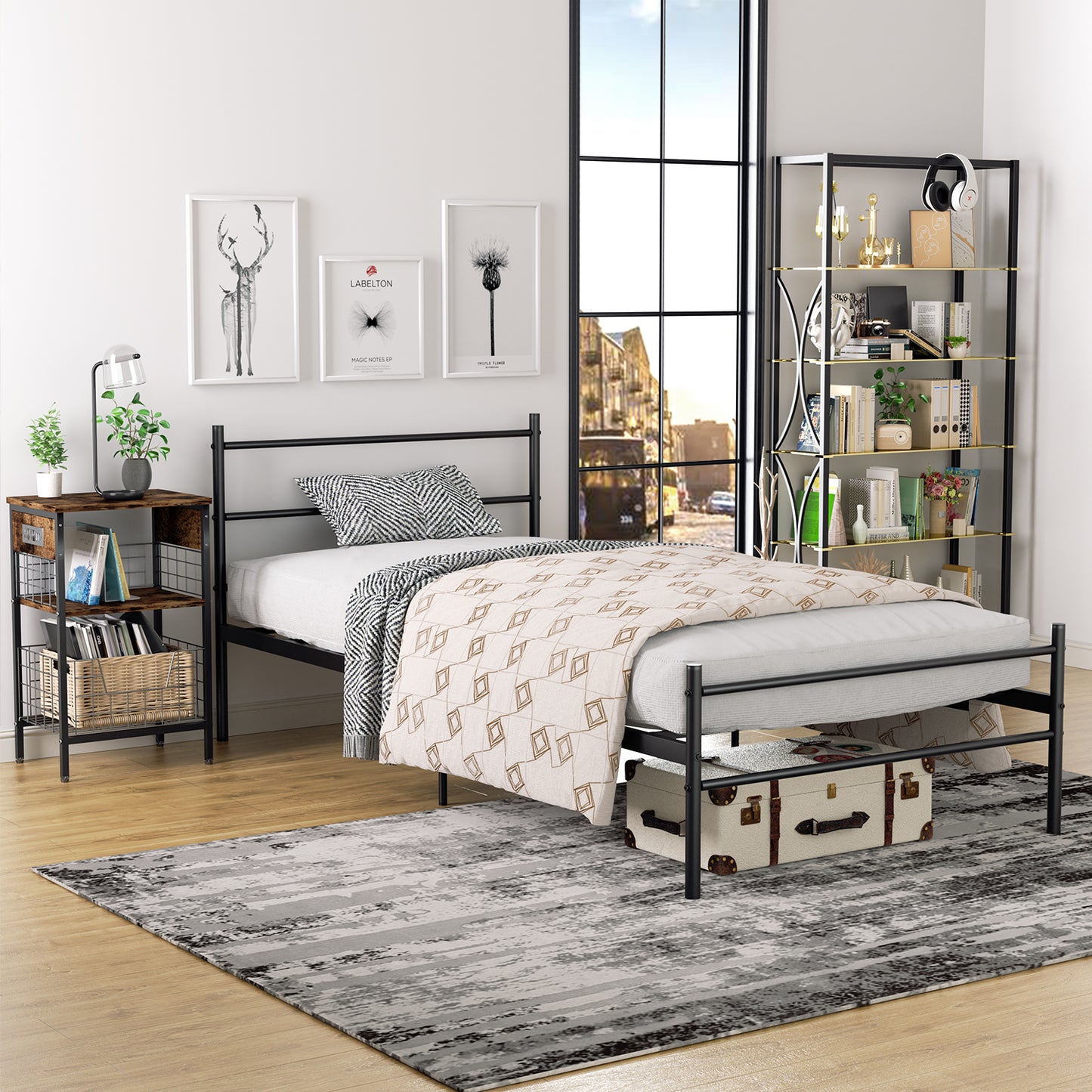 Cama Twin Armazón de Cama de Metal de fácil Montaje con cabecera y pie de Cama Negro