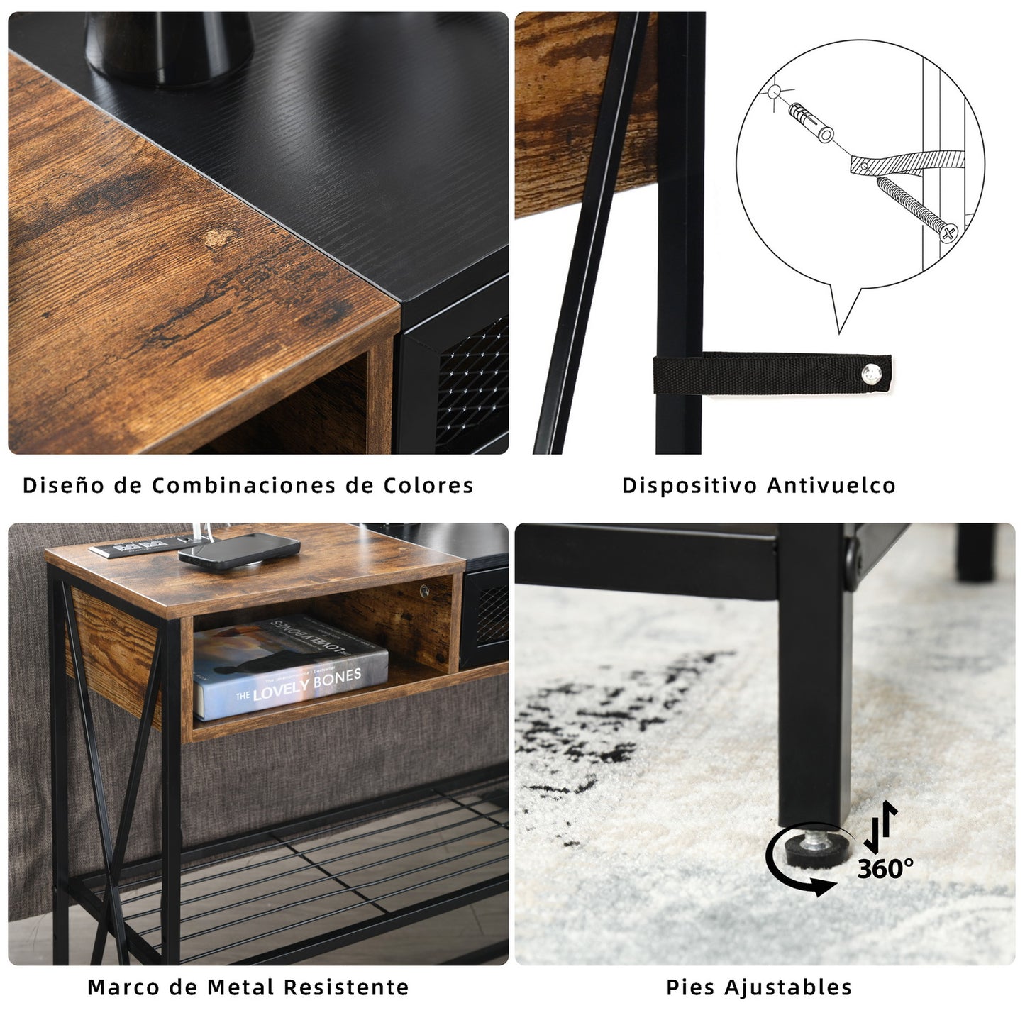 Mesa Consola con Tomacorrientes y Puertos USB Vintage y Negro