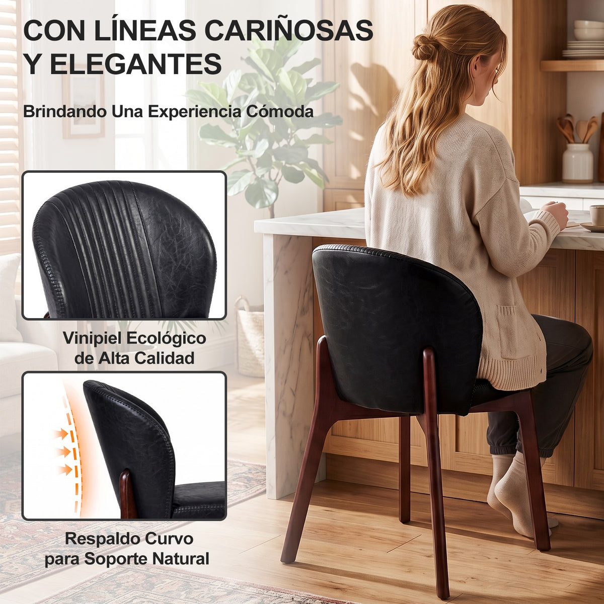 Juego de 2 Sillas para Comedor Tapizadas en Piel Sintética PU Color Negro