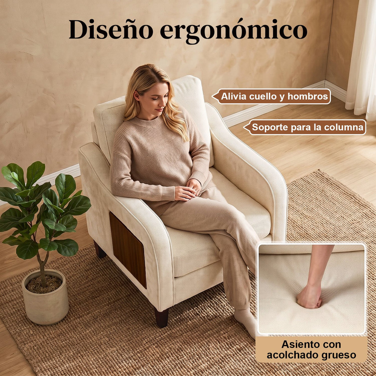 Sillón Individual de Chenille Beige - diseño ergonómico