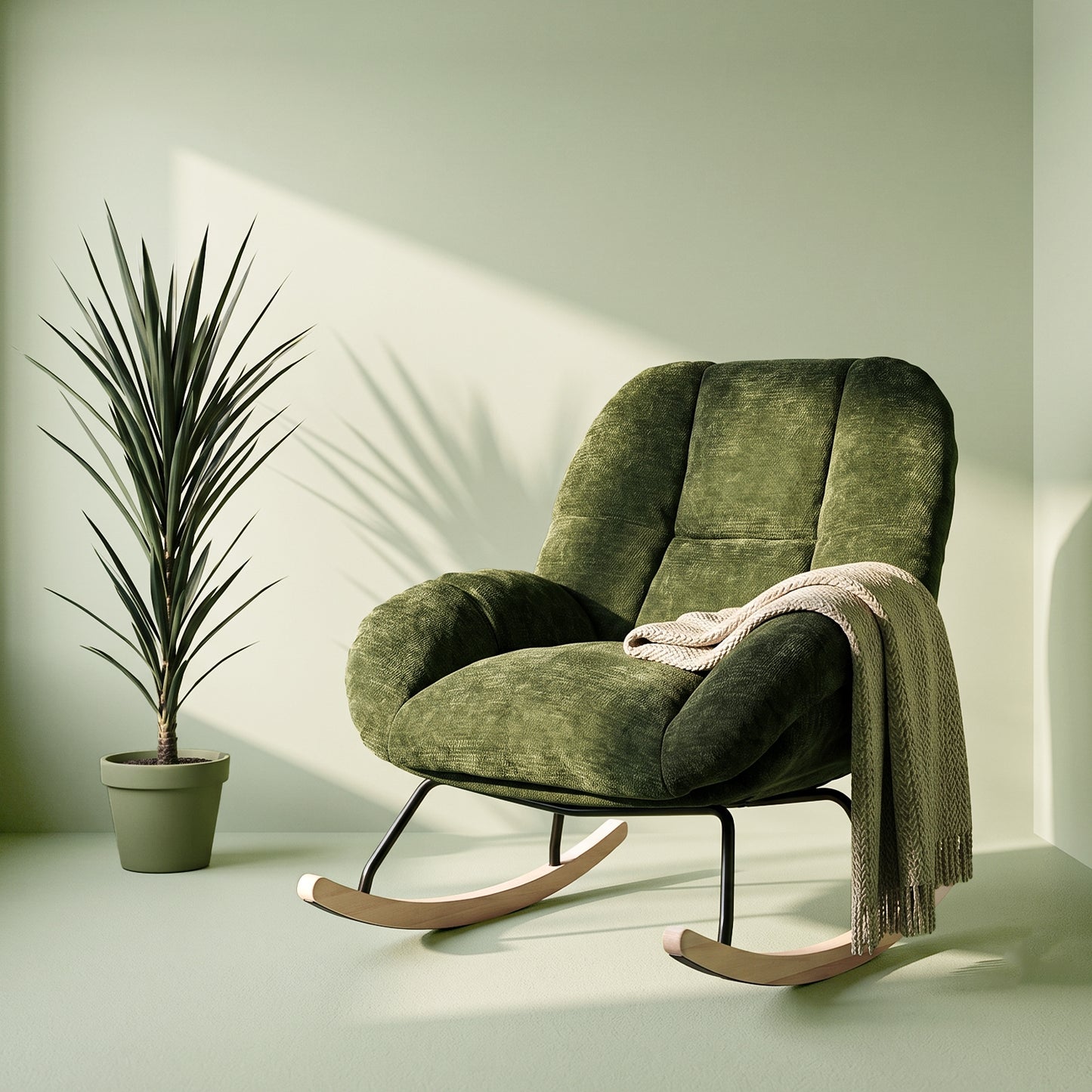 Silla Mecedora Tapizada con Tela Suave y Cómoda Verde con Base de Madera y Metal