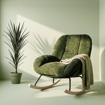 Silla Mecedora Tapizada con Tela Suave y Cómoda Verde con Base de Madera y Metal