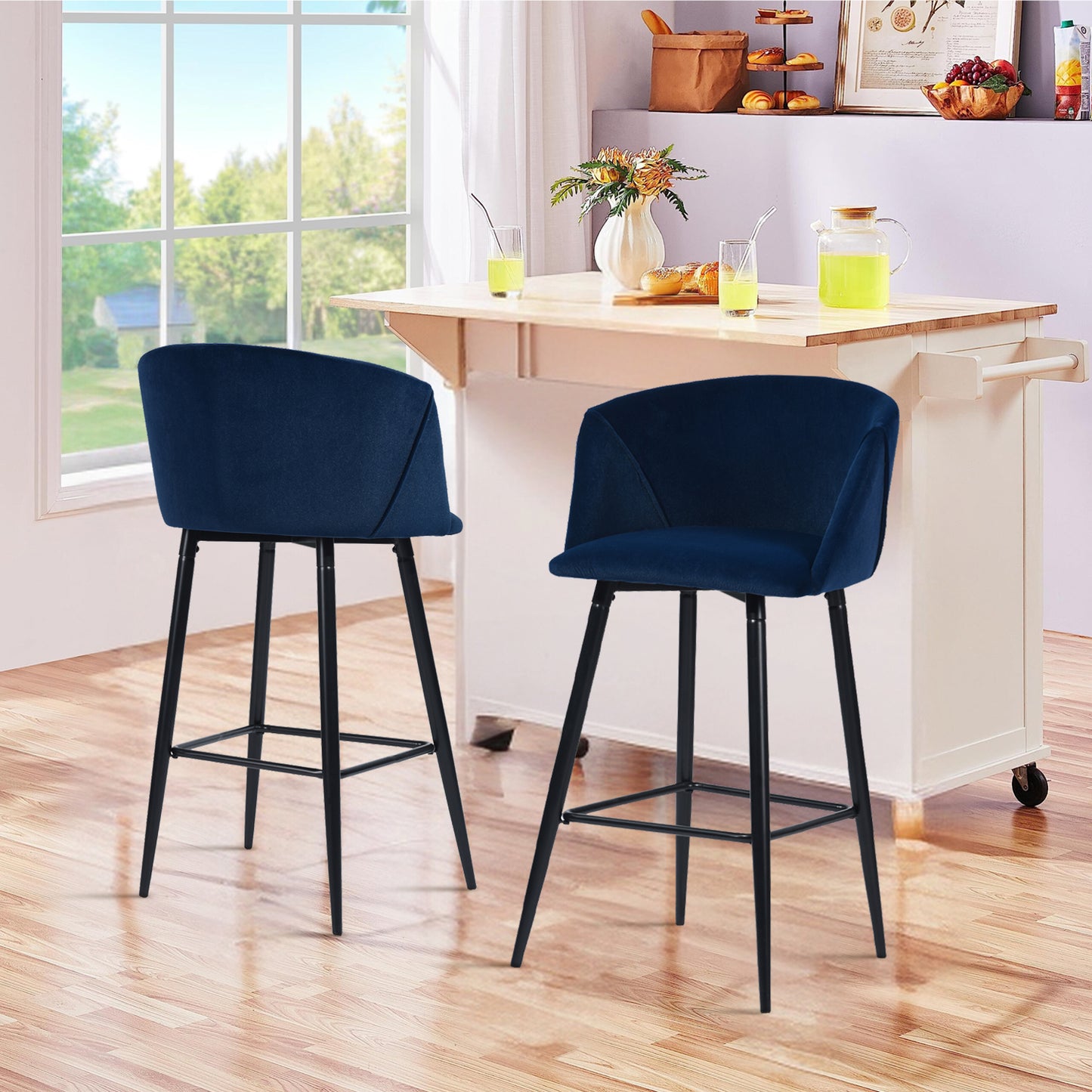 Conjunto de 2 Sillas de Bar con Asiento Tapizado Azul