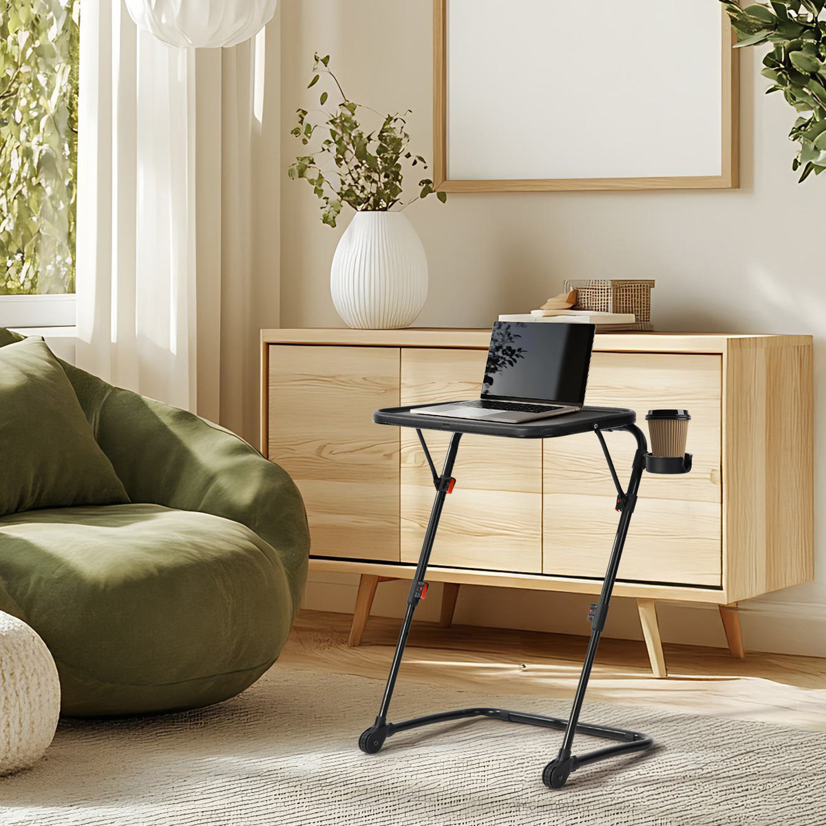 Mesa Plegable para TV con Portavasos, Mesa para Refrigerios con 4 Ajustes de Altura y 4 ángulos de Inclinación Negro