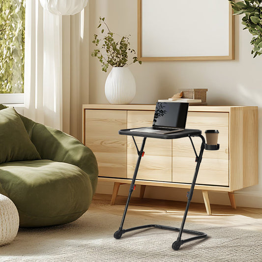 Mesa Plegable para TV con Portavasos, Mesa para Refrigerios con 4 Ajustes de Altura y 4 ángulos de Inclinación Negro