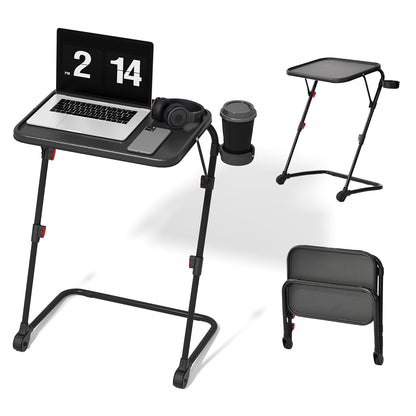 Mesa Plegable para TV con Portavasos, Mesa para Refrigerios con 4 Ajustes de Altura y 4 ángulos de Inclinación Negro