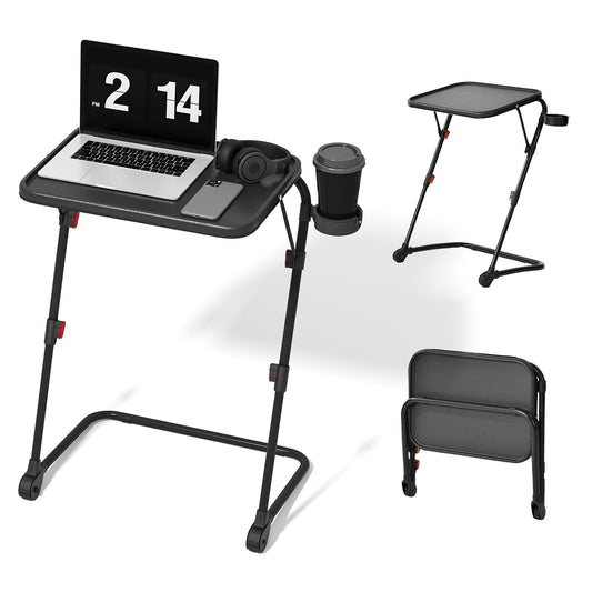Mesa Plegable para TV con Portavasos, Mesa para Refrigerios con 4 Ajustes de Altura y 4 ángulos de Inclinación Negro