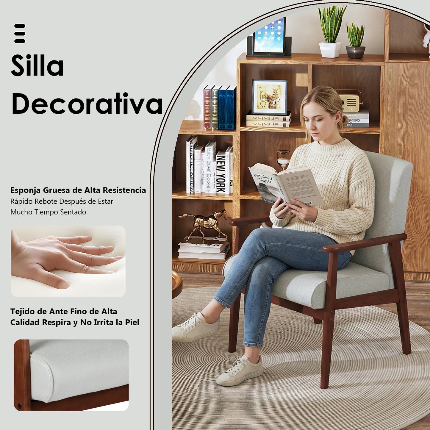 Silla Decorativa Moderna de Mediados de Siglo con Marco de Madera Beige