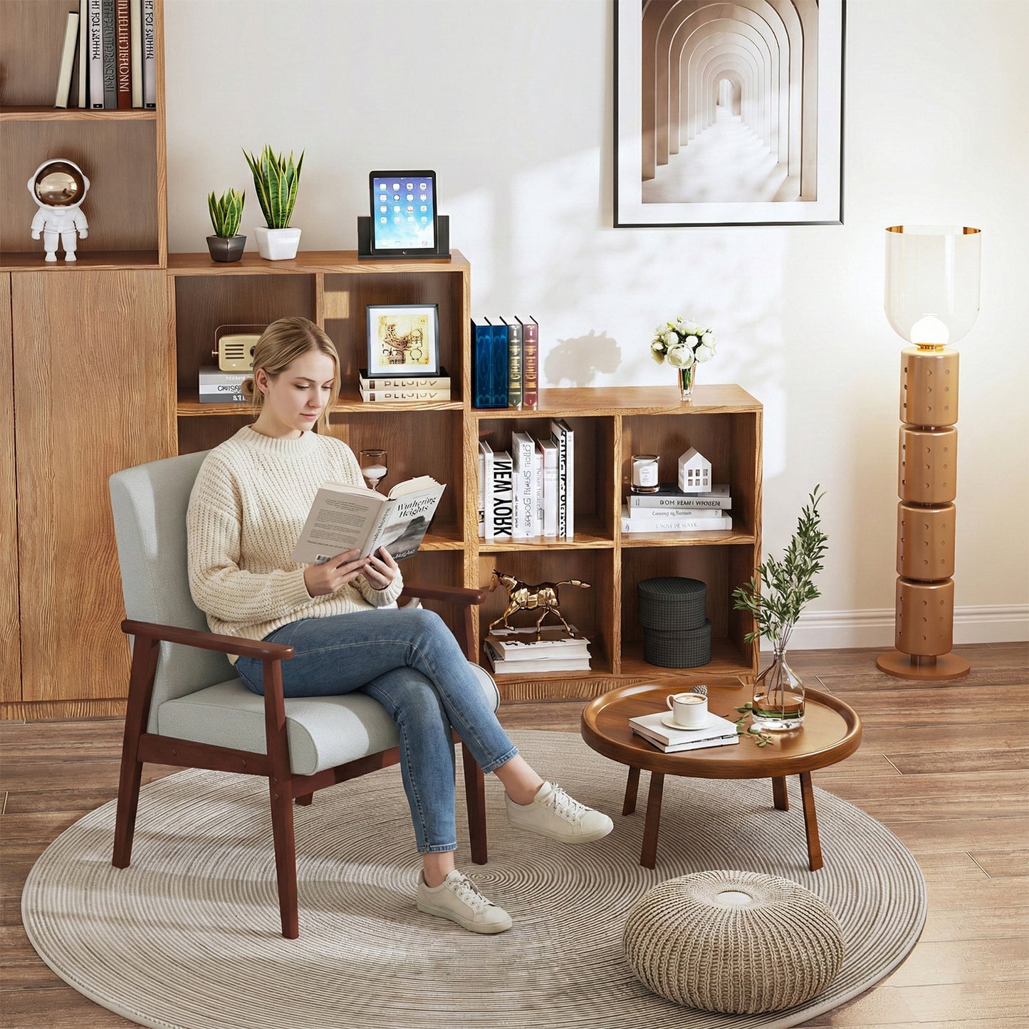 Silla Decorativa Moderna de Mediados de Siglo con Marco de Madera Beige
