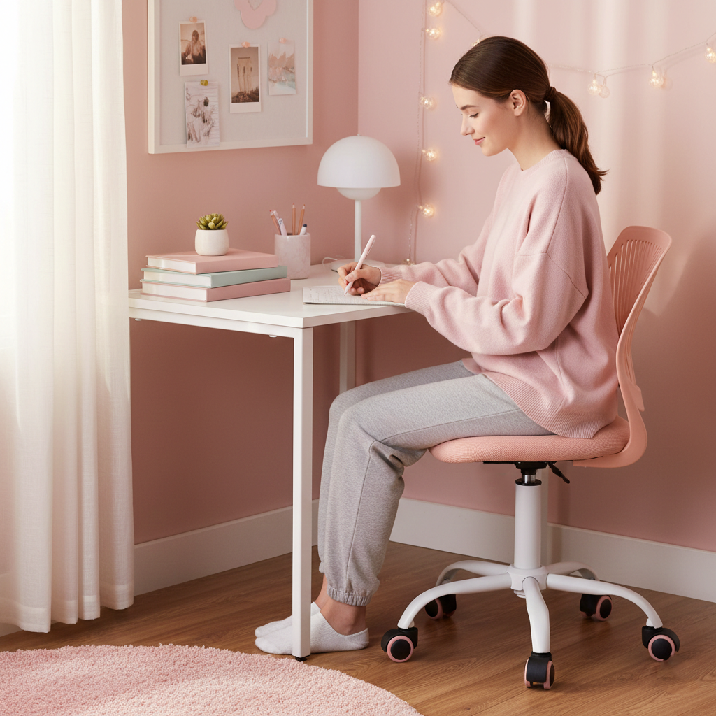 Silla de Escritorio de Trabajo de Oficina Silla de Estudio Ajustable para niños con Respaldo Medio Rosado