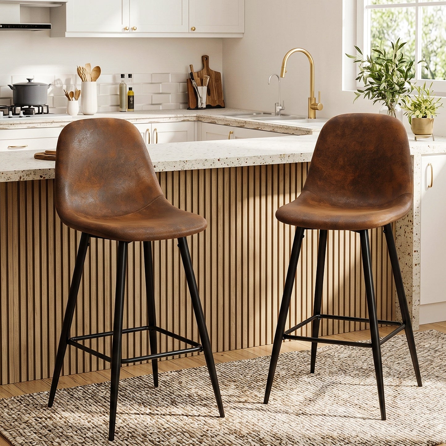 Set de 2 Bancos Altos para Barra de Cocina o Bar con Diseño Ergonómico Uso Interior Tapizado PU Café