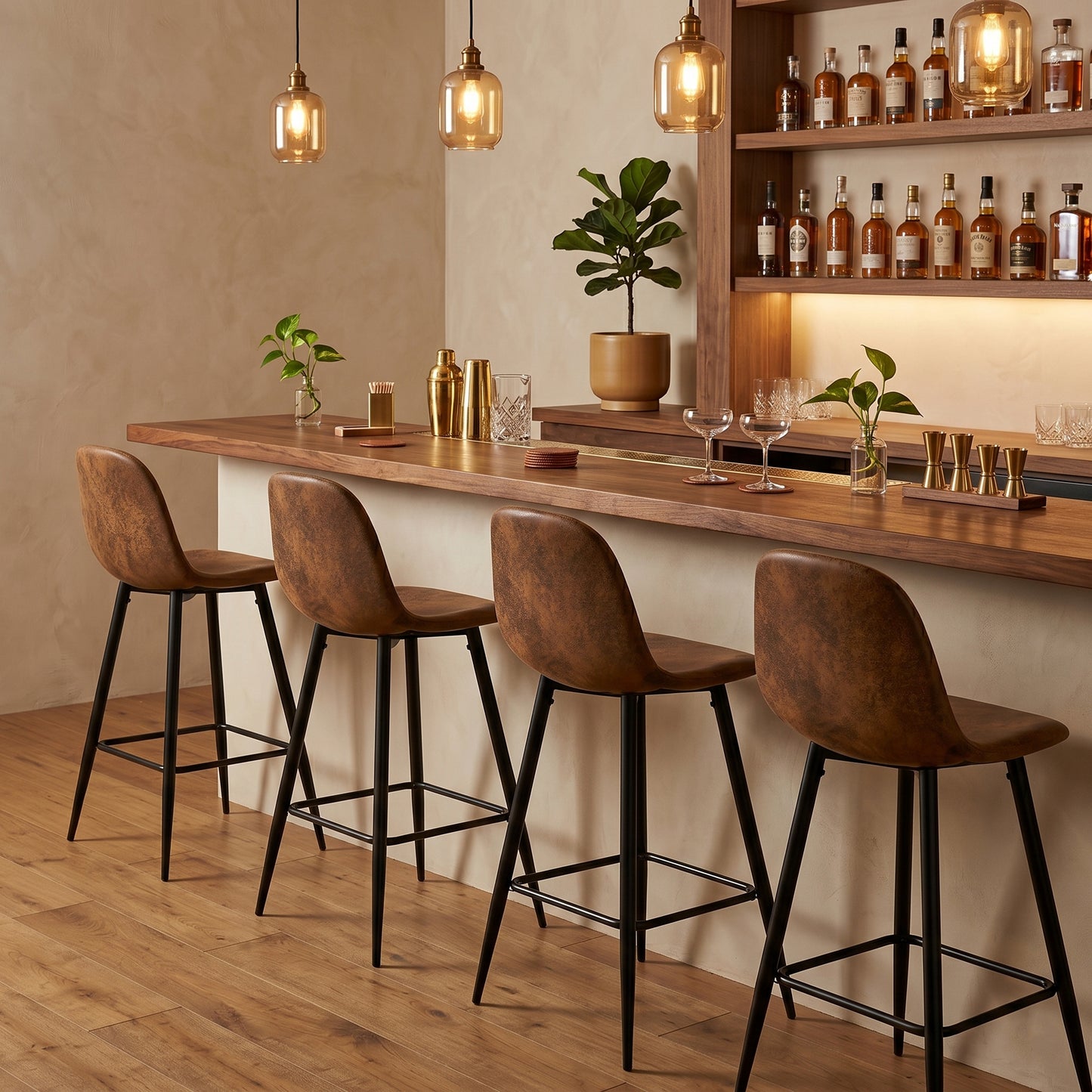 Set de 2 Bancos Altos para Barra de Cocina o Bar con Diseño Ergonómico Uso Interior Tapizado PU Café
