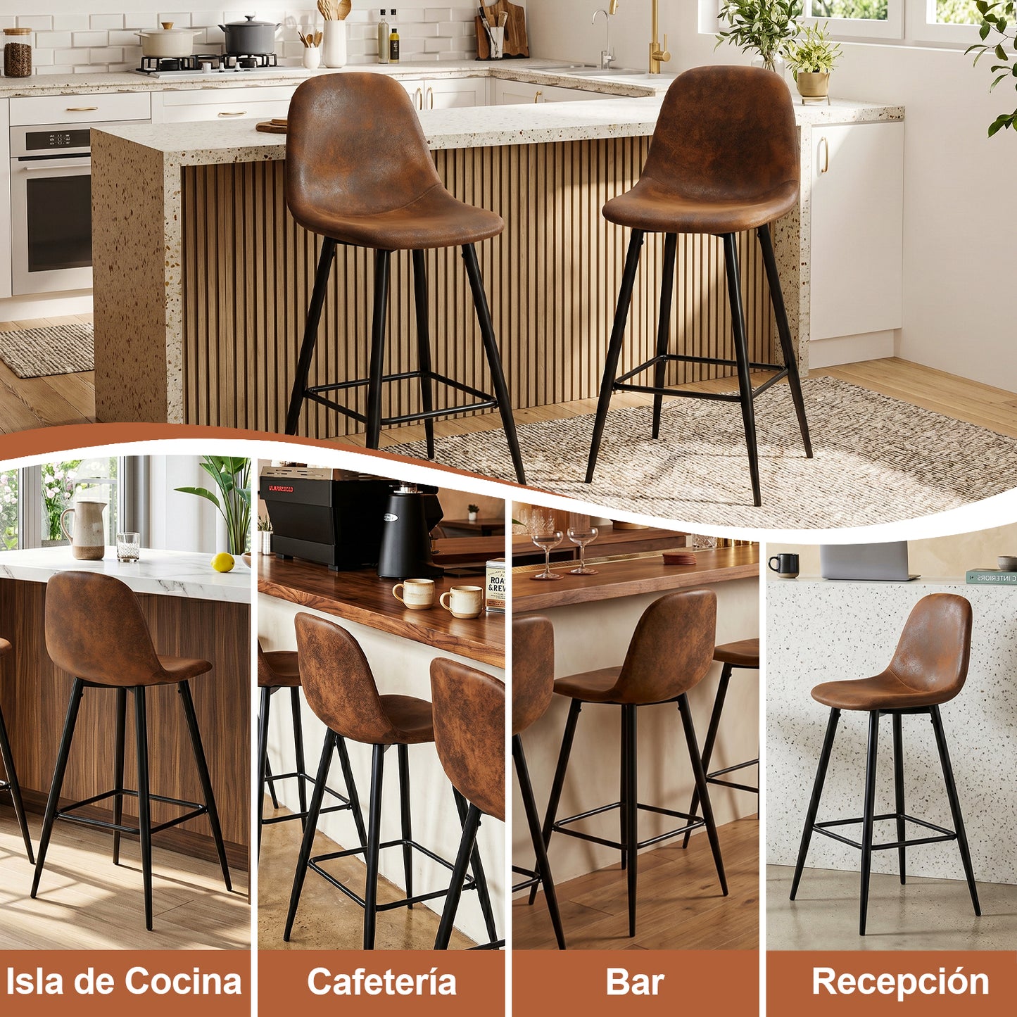 Set de 2 Bancos Altos para Barra de Cocina o Bar con Diseño Ergonómico Uso Interior Tapizado PU Café