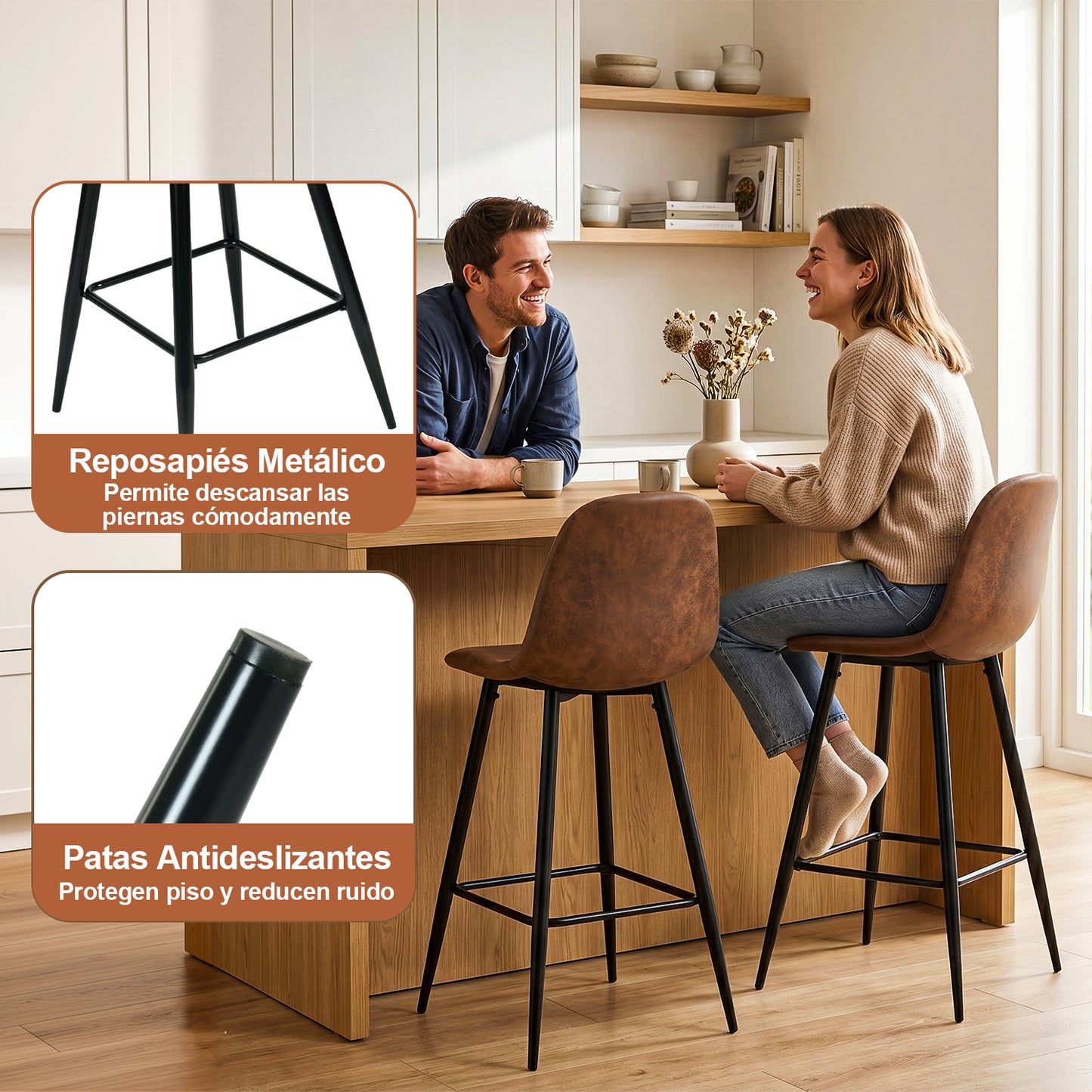 Set de 2 Bancos Altos para Barra de Cocina o Bar con Diseño Ergonómico Uso Interior Tapizado PU Café
