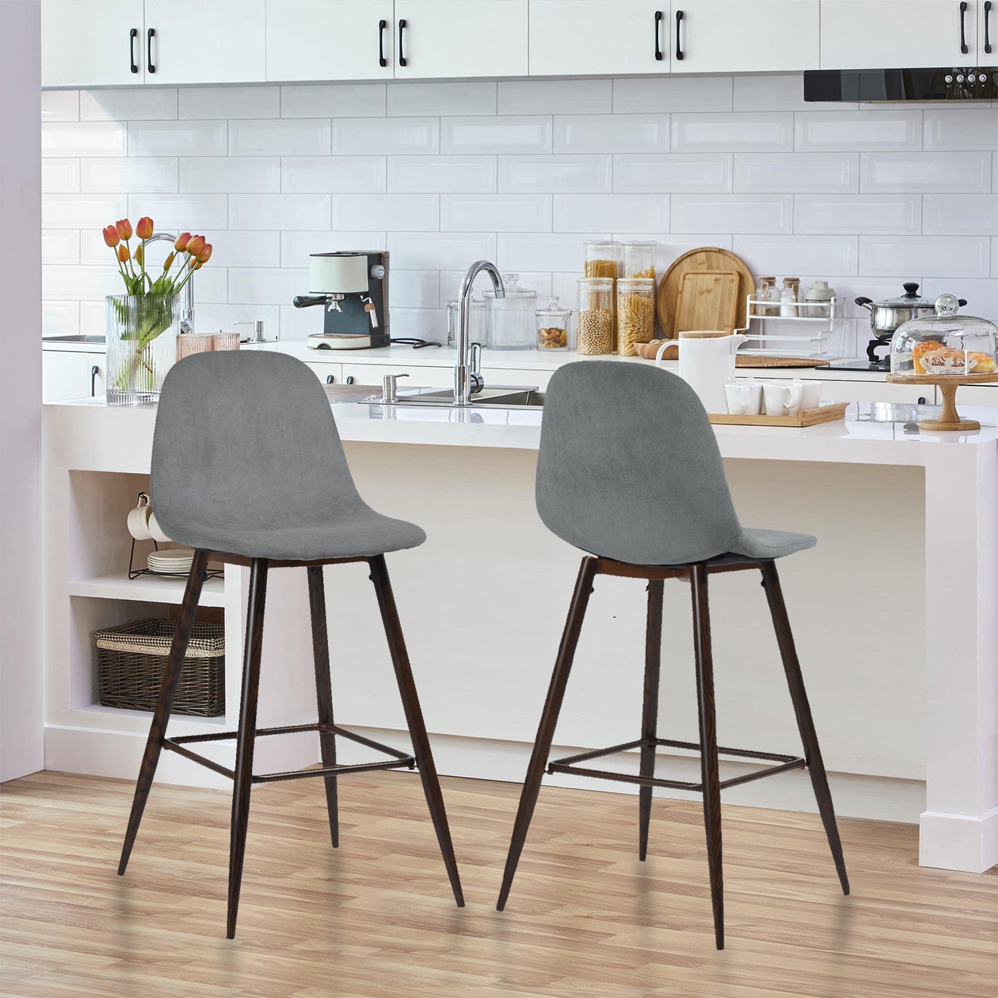 Conjunto de 2 Sillas de Bar de Cocina Interior Sin Brazos, Taburetes de Respaldo Alto con Asiento Tapizado y Patas de Metal Gris