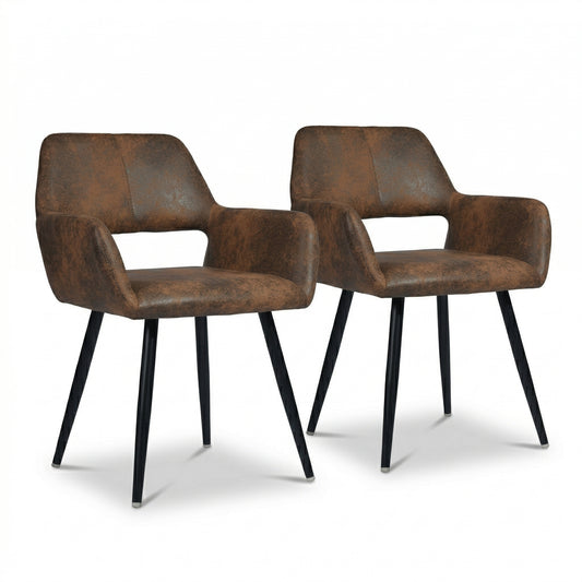 Set de 2 Sillas Decorativas Vintage para Comedor o Sala con Descansabrazos Tapizadas en Piel Sintética Café