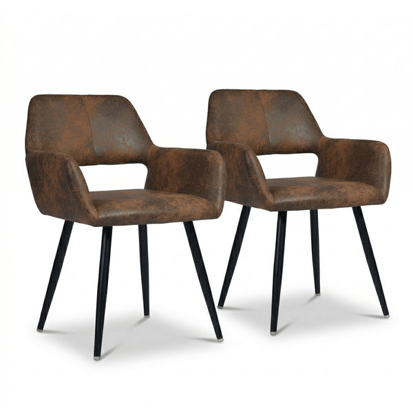 Set de 2 Sillas Decorativas Vintage para Comedor o Sala con Descansabrazos Tapizadas en Piel Sintética Café