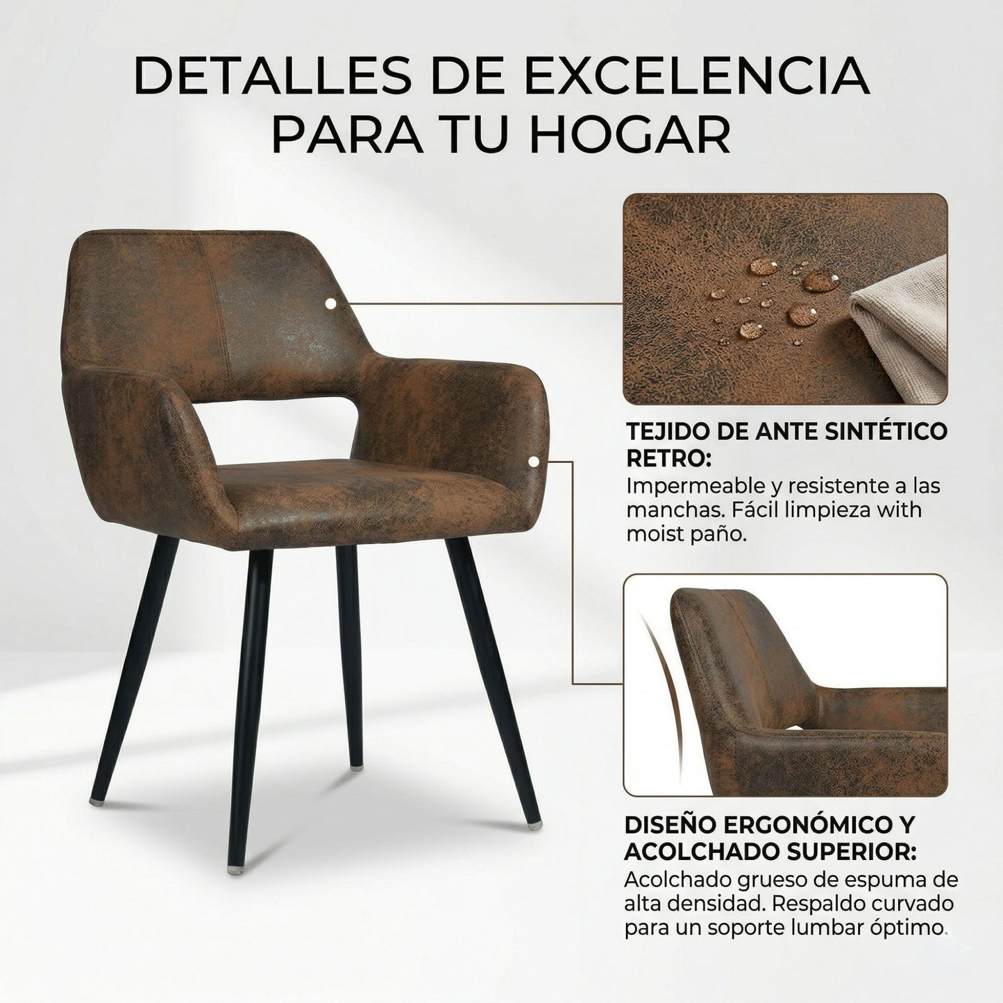 Set de 2 Sillas Decorativas Vintage para Comedor o Sala con Descansabrazos Tapizadas en Piel Sintética Café