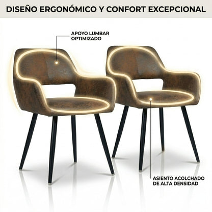 Set de 2 Sillas Decorativas Vintage para Comedor o Sala con Descansabrazos Tapizadas en Piel Sintética Café