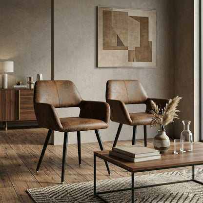 Set de 2 Sillas Decorativas Vintage para Comedor o Sala con Descansabrazos Tapizadas en Piel Sintética Café