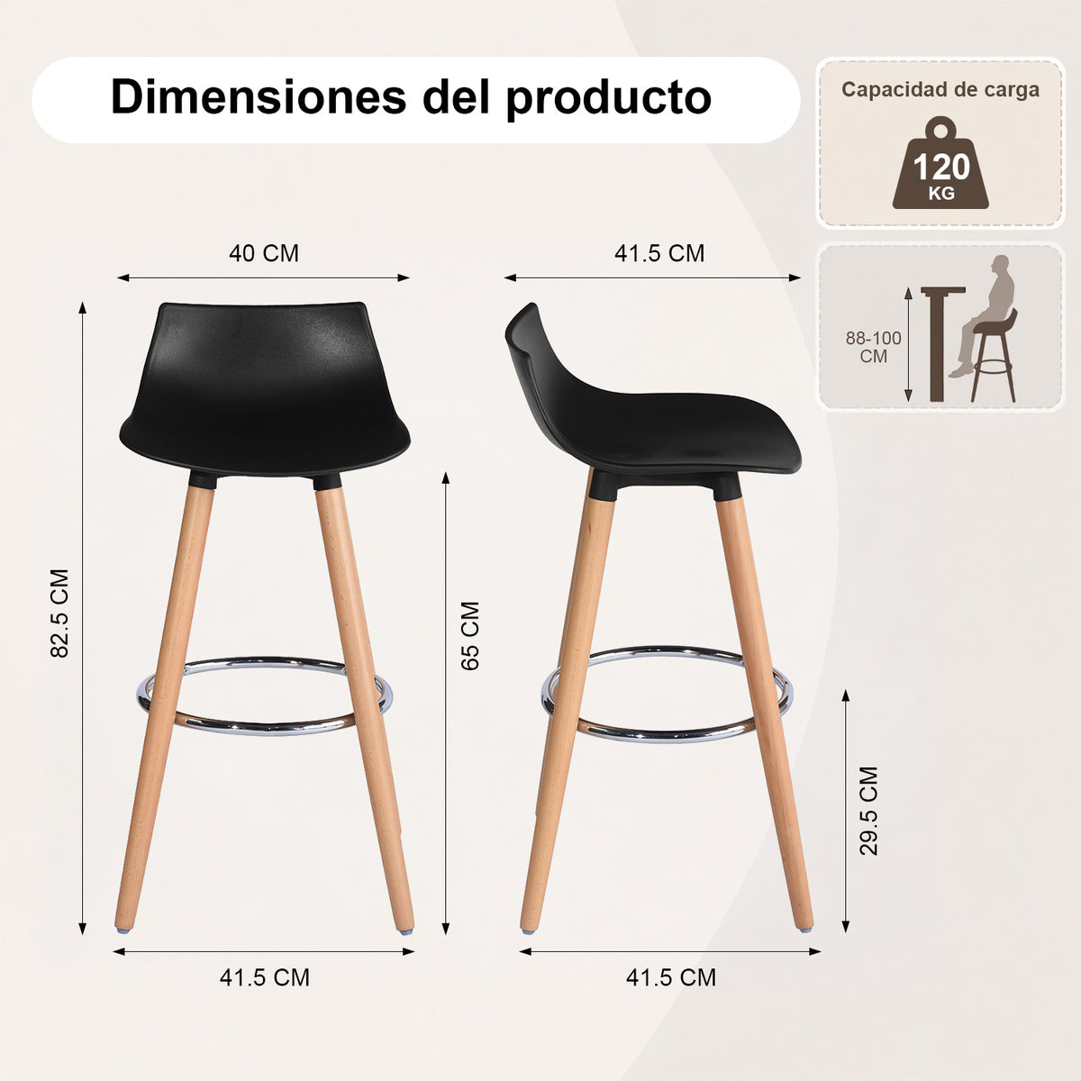 Set de 2 Bancos de Bar Modernos y Cómodos Estilo Nórdico Minimalista - Negro