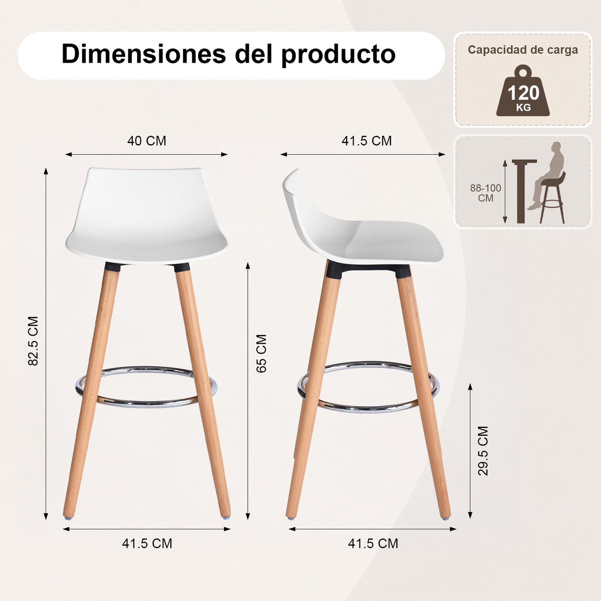 Set de 2 Bancos de Bar Modernos y Cómodos Estilo Nórdico Minimalista - Blanco
