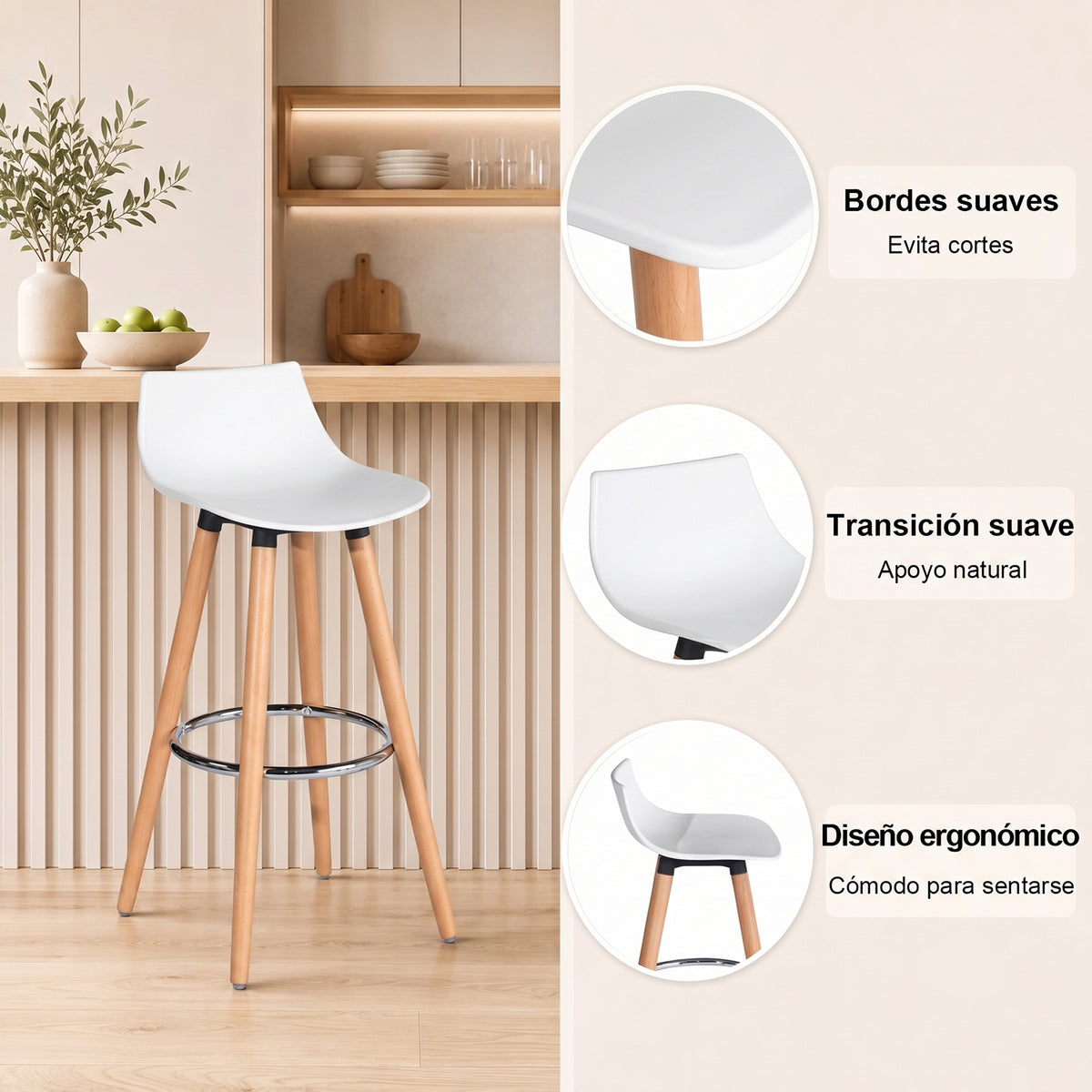Set de 2 Bancos de Bar Modernos y Cómodos Estilo Nórdico Minimalista - Blanco