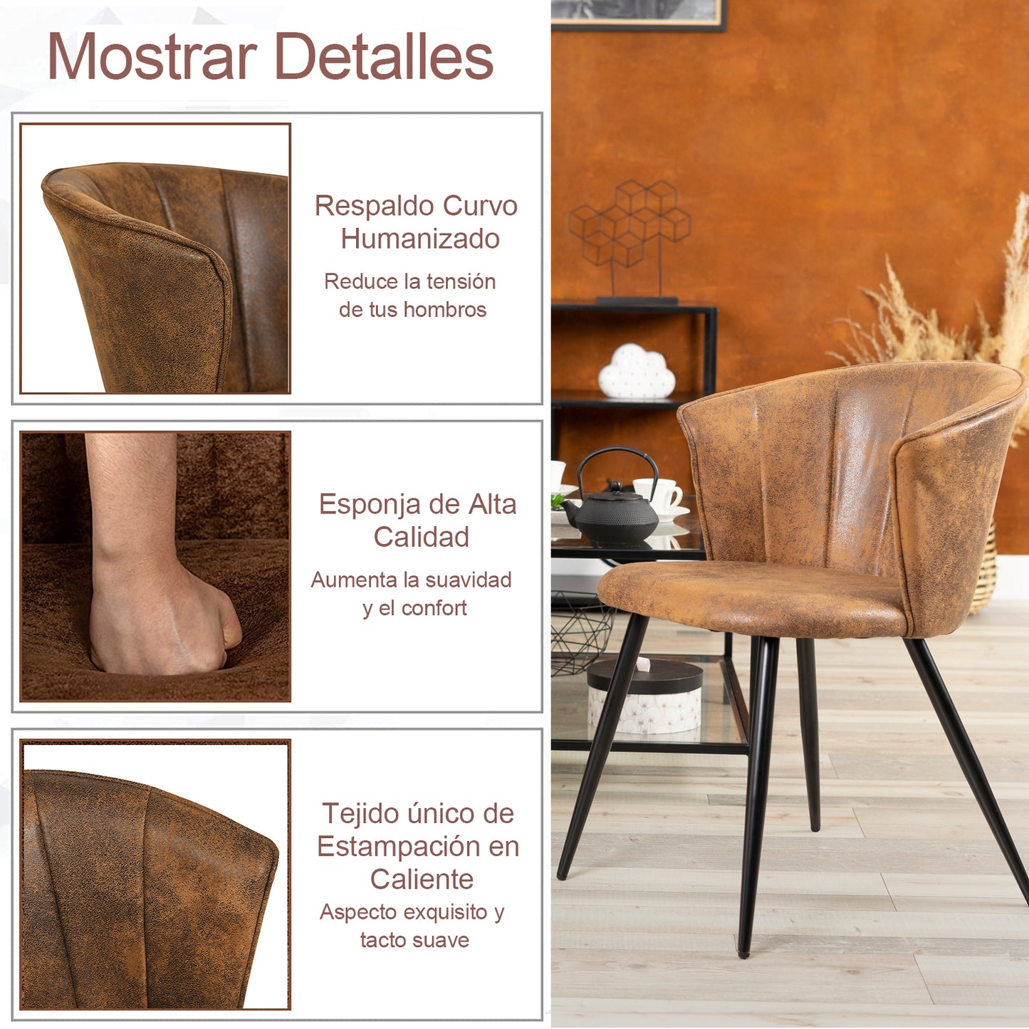 Set de 2 Sillas Vintage Modernas Tapizadas en Suede Café