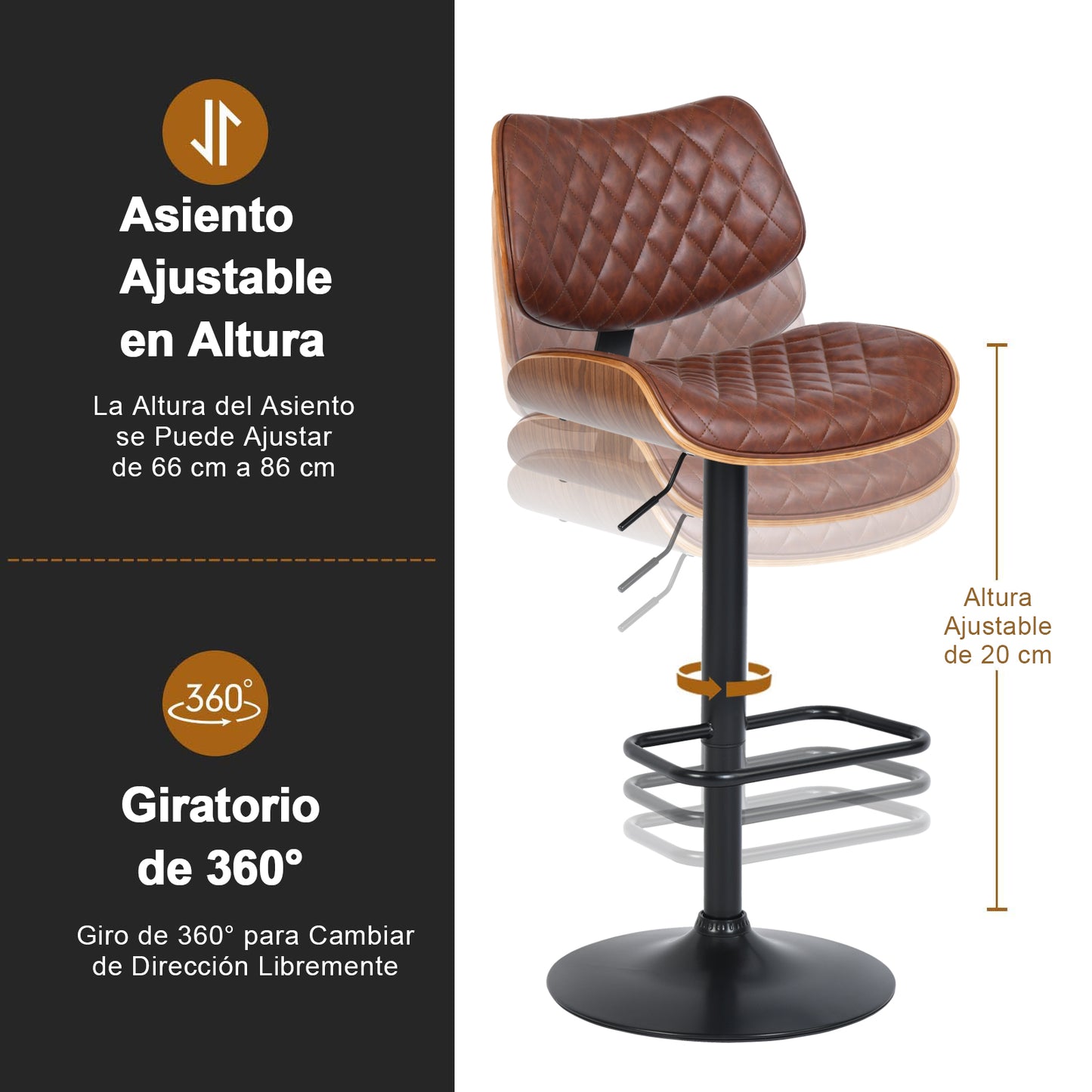 Set de 1 Taburetes de Bar Giratorios Altura Ajustable Cómodo Asiento y Respaldo Tapizado Piel Sintética PU - Café