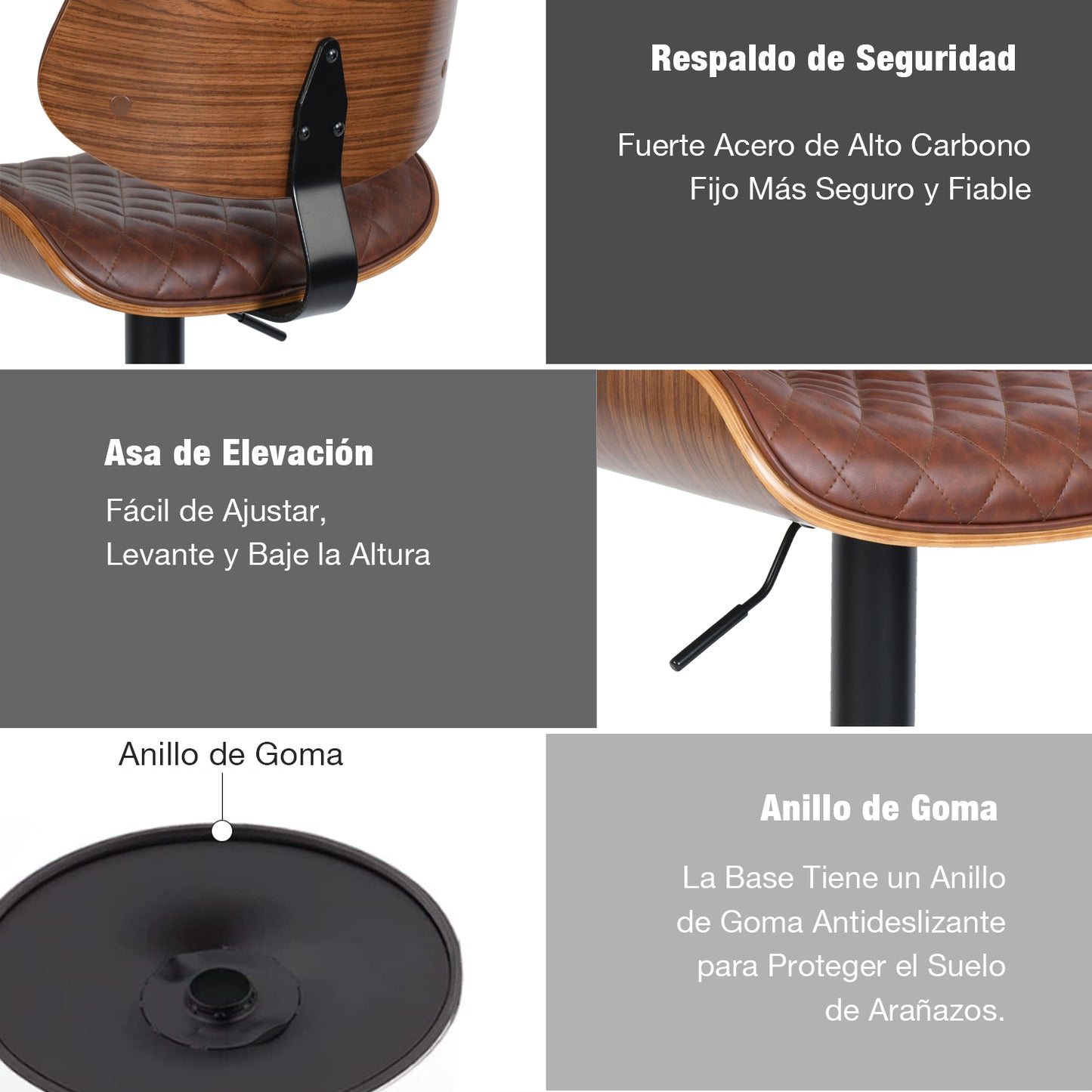 Set de 1 Taburetes de Bar Giratorios Altura Ajustable Cómodo Asiento y Respaldo Tapizado Piel Sintética PU - Café