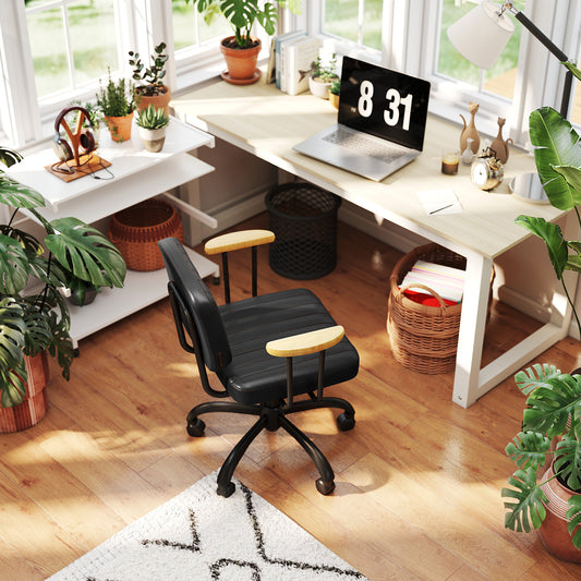 Silla de Oficina en Casa,Silla de Trabajo Giratoria de Cuero de PU con Respaldo Bajo y Brazos Negro