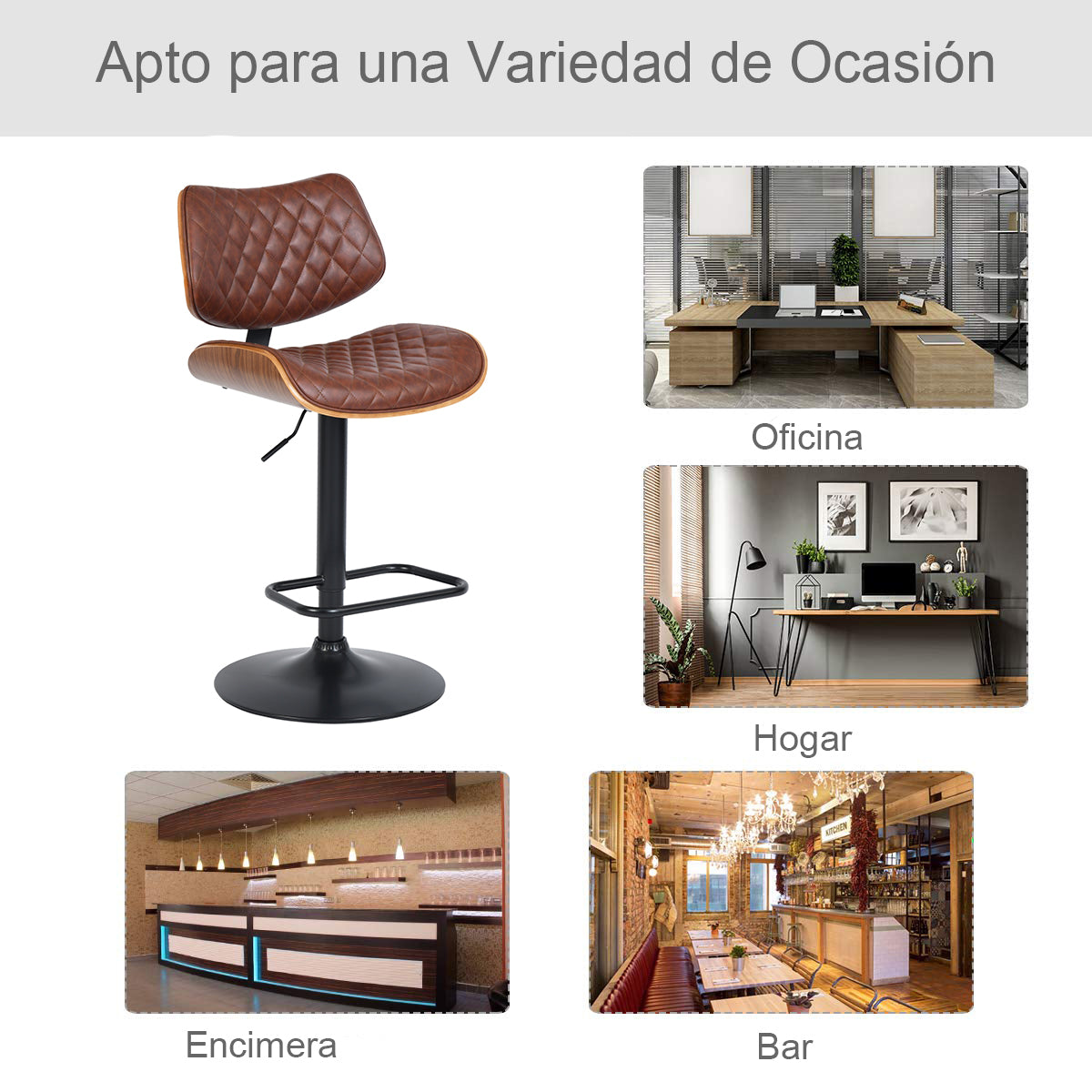 Set de 1 Taburetes de Bar Giratorios Altura Ajustable Cómodo Asiento y Respaldo Tapizado Piel Sintética PU - Café