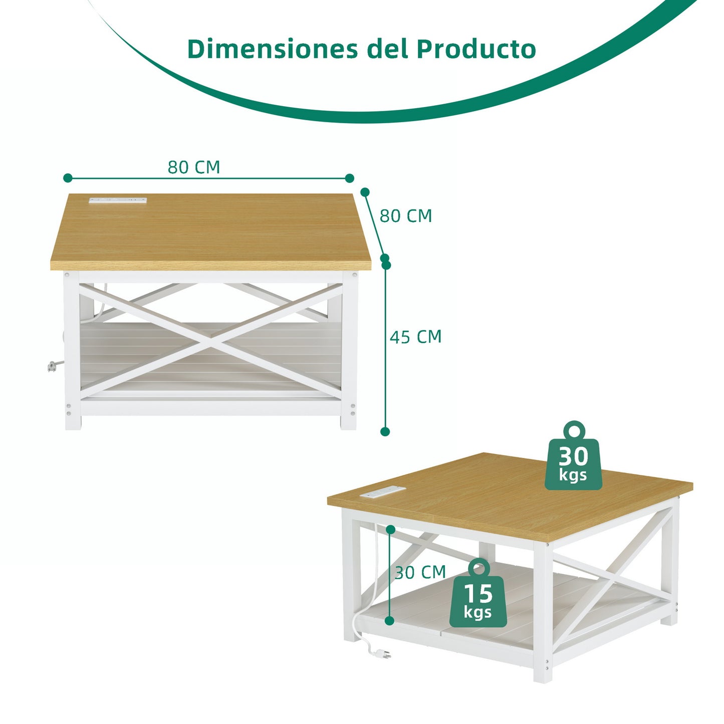 Country House Mesa de Centro Cuadrada con Tomas de Corriente y Puertos USB Blanco y Natural