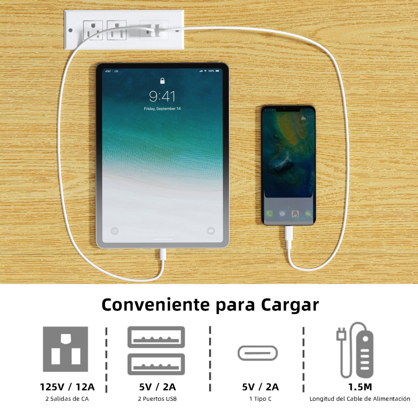 Country House Mesa de Centro Cuadrada con Tomas de Corriente y Puertos USB Blanco y Natural