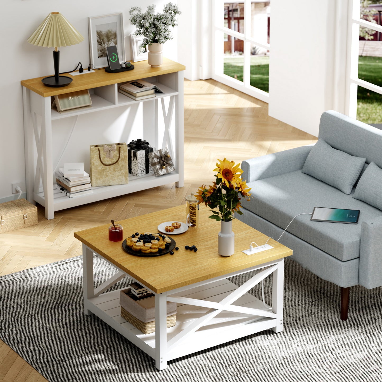 Country House Mesa de Centro Cuadrada con Tomas de Corriente y Puertos USB Blanco y Natural