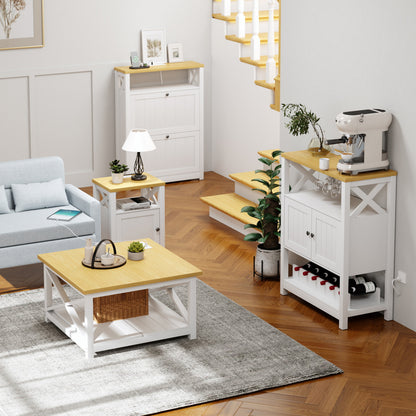 Country House Mesa de Centro Cuadrada con Tomas de Corriente y Puertos USB Blanco y Natural