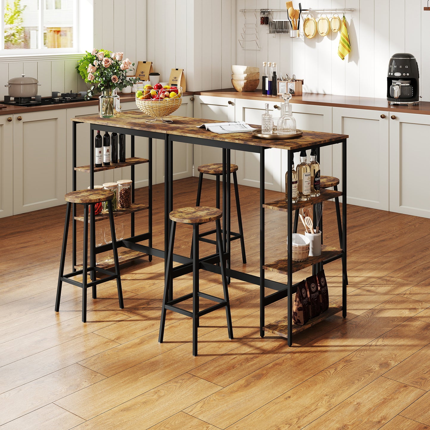 Mesa de Bar con Estructura de Metal Estilo Industrial con Estantes de Madera de Ingeniería